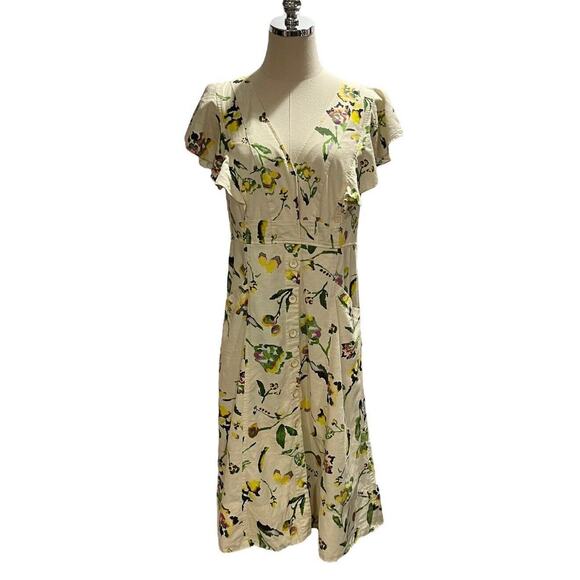 Tanya Taylor Inez Cream Multicolor Floral Print Linen Rayon Pockets Midi Dress 8 - Picture 1 of 16
